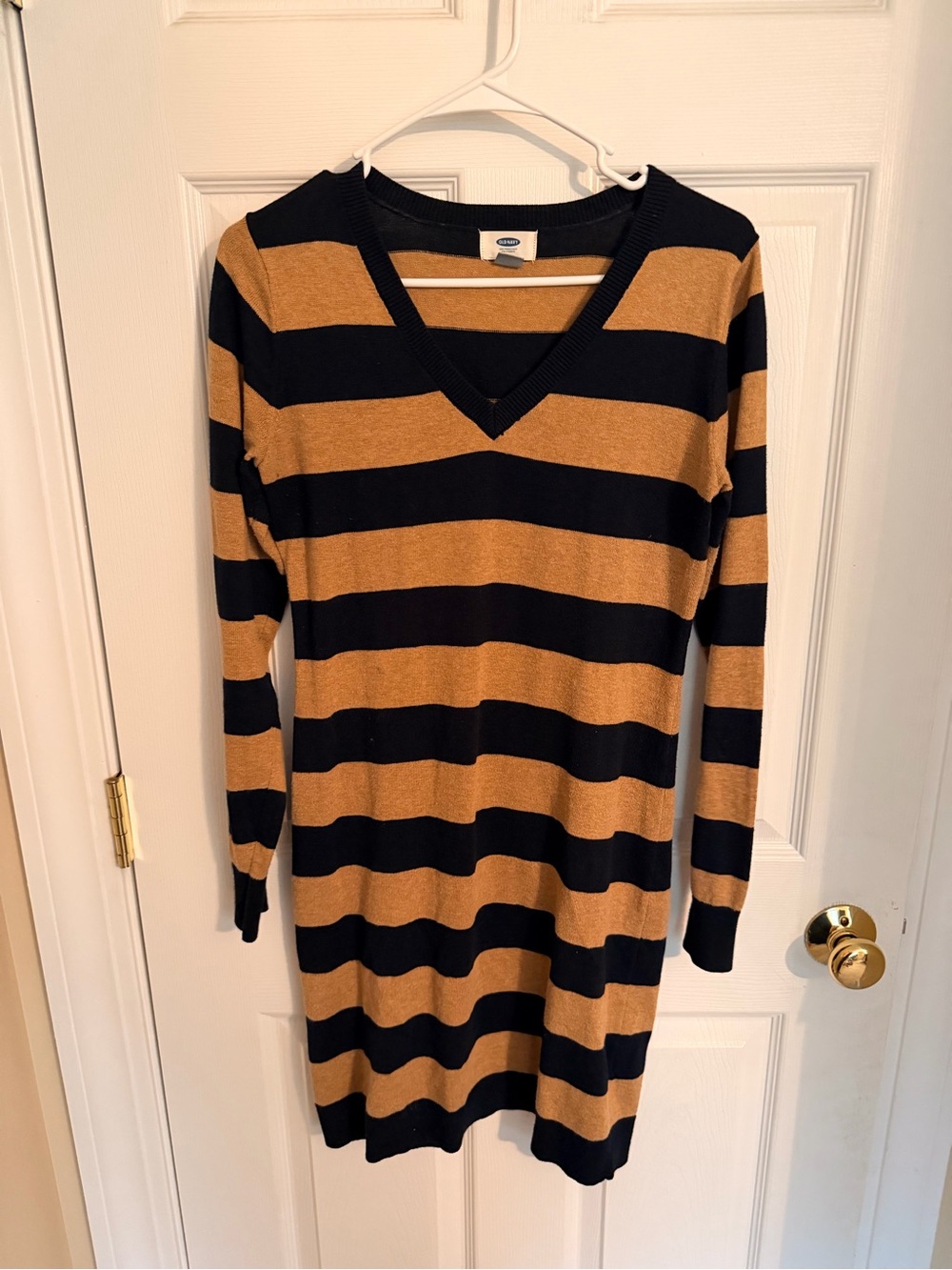 Old Navy Navy and Brown Striped V-Neck Knit Dress